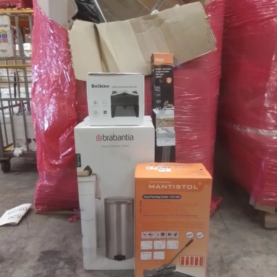 PALLET OF ASSORTED HOUSEHOLD GOODS AND FURNITURE TO INCLUDE; HOLBINE LASER ENGRAVING MACHINE, BRABANTIA NEWICON PEDAL BIN, MANTISTOL VINYL FLOORING CUTTER ETC