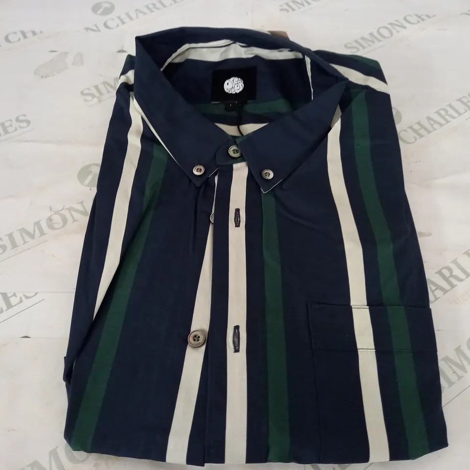 PRETTY GREEN CARTER STRIPE SHORT SLEEVE SHIRT IN NAVY/GREEN/WHITE - LARGE
