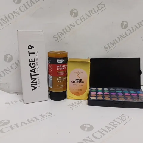 APPROXIMATELY 25 ASSORTED HEALTH AND BEAUTY PRODUCTS TO INCLUDE UMF MANUKA HONEY, SAVON CLARIFIANT SOAP, VINTAGE T9 PROFESSIONAL TRIMMER