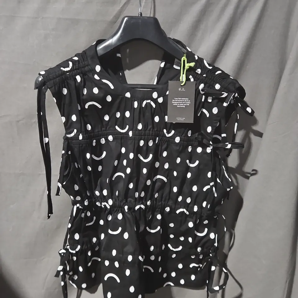 LAZY OAF WOMEN'S BLACK & WHITE POLKA DOT BLOUSE WITH GATHERED WAIST AND TIE SLEEVES - SIZE 12
