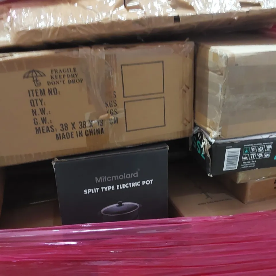 PALLET TO CONTAIN AN ASSORTMENT OF HOUSEHOLD ITEMS TO INCLUDE; BOXES OF SALTY DOG CRISPS, SPLIT TYPE ELECTRIC POT, COAT HANGERS, BOXED FURNITURE ETC