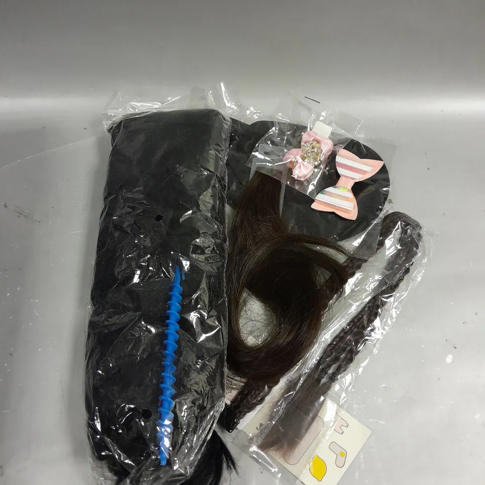 LOT OF 5 ASSORTED HEALTH AND BEAUTY ITEMS TO INCLUDE PAIR OF GOLD AND PINK HAIR CLIPS, TAPE IN 1B HAIR EXTENTIONS IN BROWN, TAN MIT IN BLACK, ETC. 