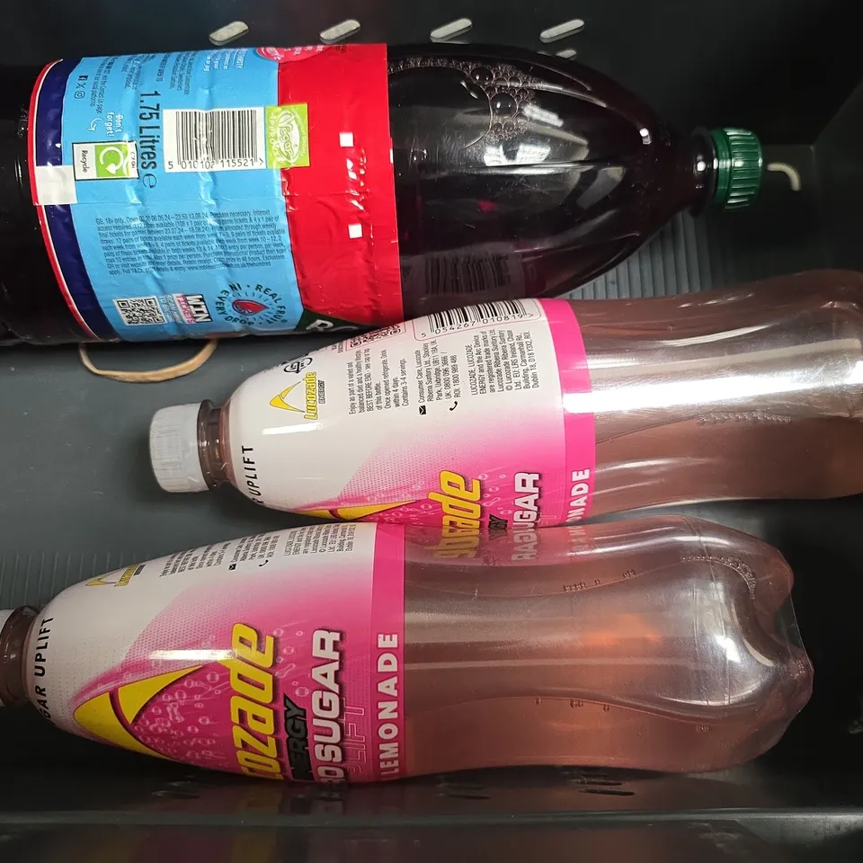 APPROXIMATELY 6 ASSORTED FOOD & DRINK ITEMS TO INCLUDE - ROBINSONS SUMMER FRUITS , LUCOZADE PINK LEMONADE , RHEN CEREAL 