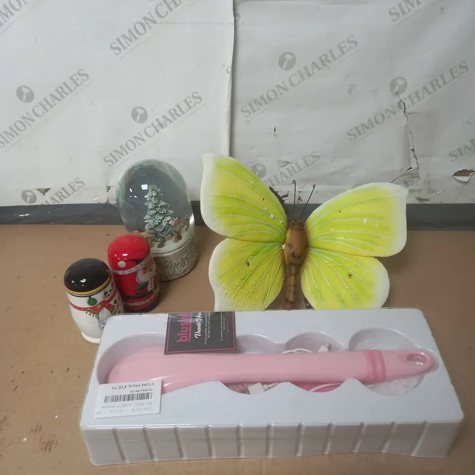 APPROXIMATELY 10 ASSORTED HOUSEHOLD PRODUCTS TO INCLUDE BLUSHLY BRUSH, GARDEN DÉCOR, CHRISTMAS DECORATIONS ETC 