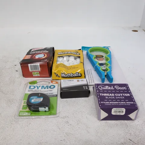 TOTE OF APPROXIMATELY 18 ASSORTED ITEMS TO INCLUDE MOTHBALLS, HARPIC DEEP CLEAN TABS, DYMO, JAR/BOTTLE OPENER ETC