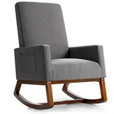 BOXED ROCKING HIGH BACK UPHOLSTERED LOUNGE ARMCHAIR WITH SIDE POCKET - GREY