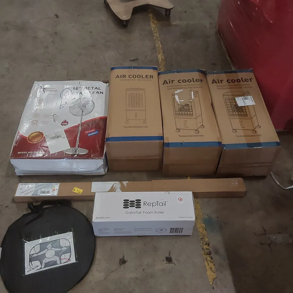 PALLET OF ASSORTED ITEMS INCLUDING: AIR COOLERS, 16" METAL STAND FAN, LED BATTEN LIGHT, FOAM ROLLER, POP-UP TENT ECT