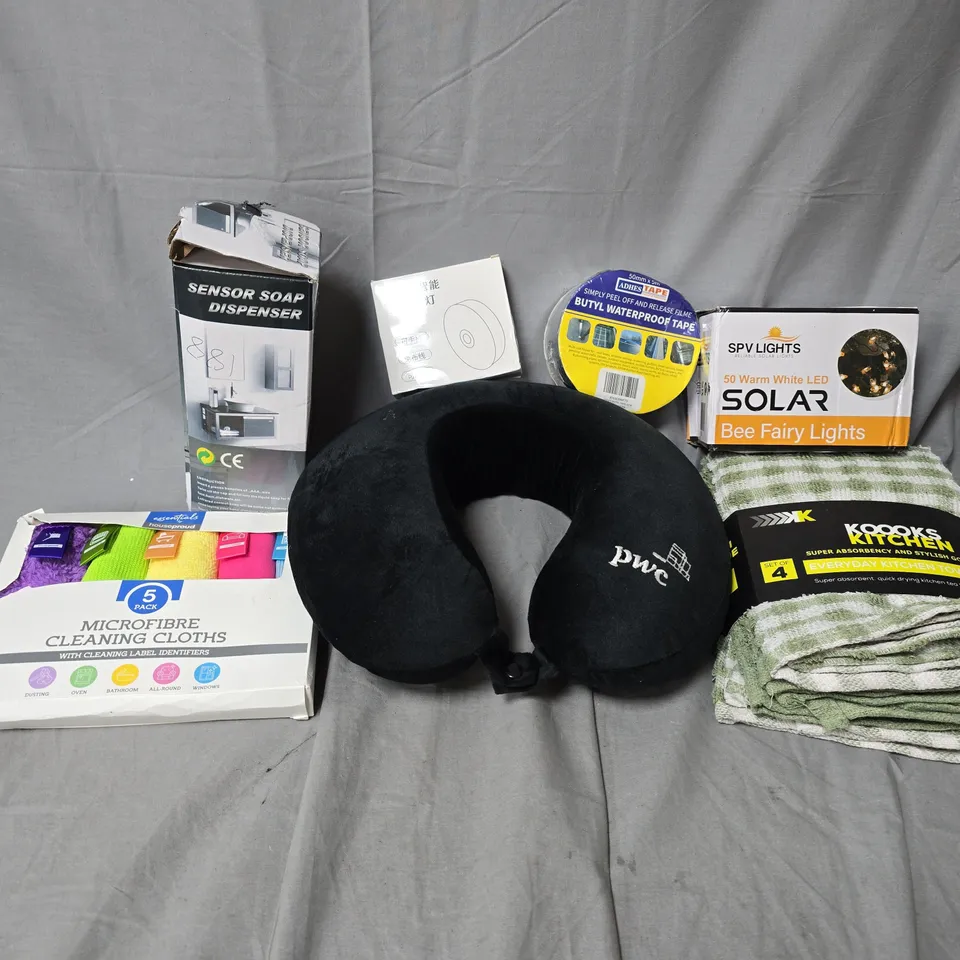 APPROXIMATELY 20 ASSORTED HOUSEHOLD ITEMS TO INCLUDE SOLAR BEE FAIRY LIGHTS, KOOOKS KITCHEN TOWELS, BUTYL WATERPROOF TAPE, ETC
