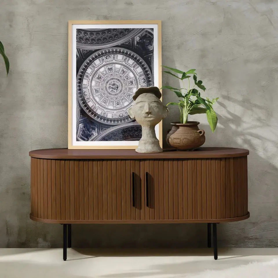 BOXED ANNIKA SMOKED OAK SLATTED SLIDING 2 DOOR TV LOWBOARD