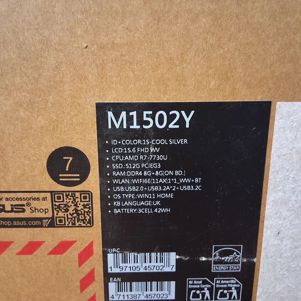 BOXED ASUS VIVOBOOK AMD R7-7730U 522GB SSD LAPTOP IN SILVER - M1502Y