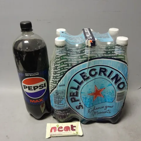 TOTE OF APPROXIMATELY 4 ASSORTED FOOD ITEMS TO INCLUDE - NEAT , PEPSI MAX , SPELLEGRINO 