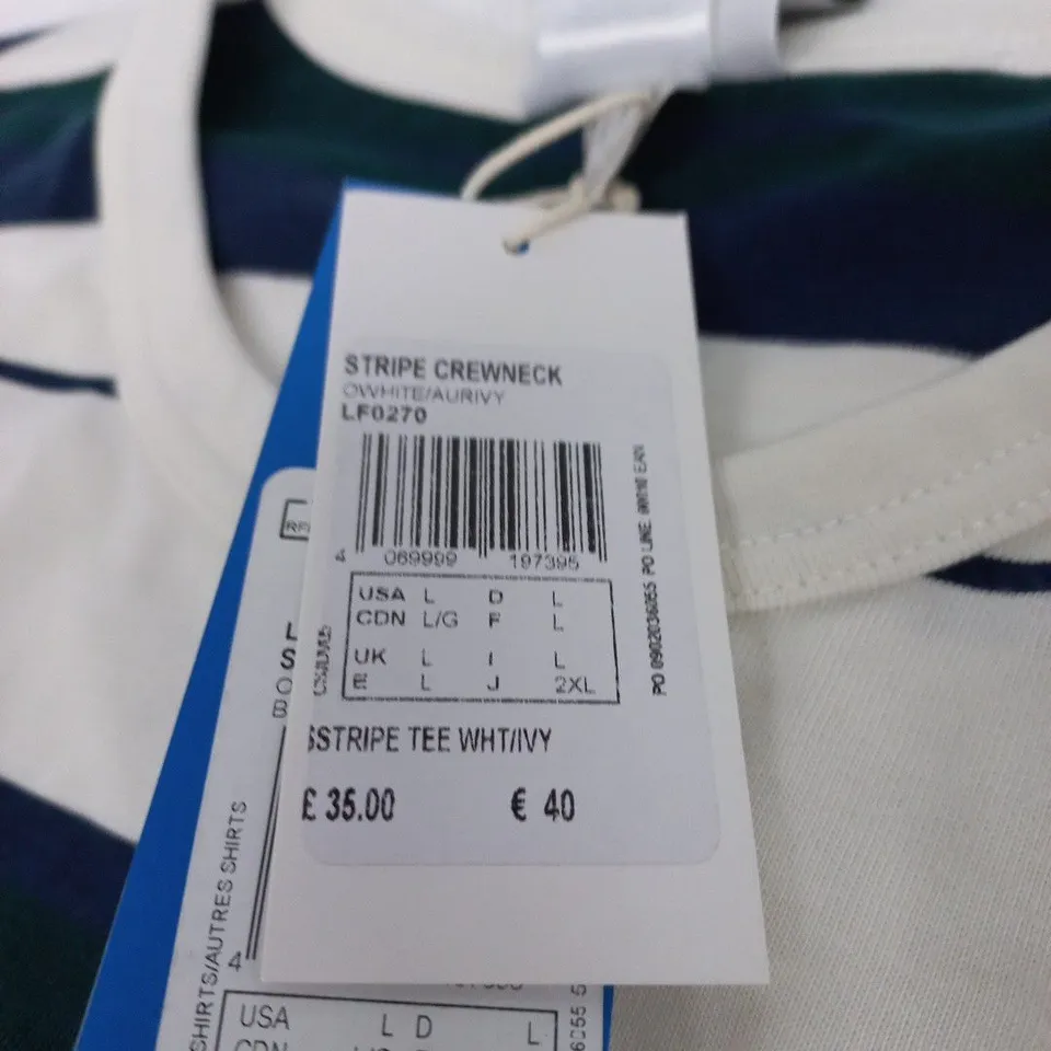 ADIDAS STRIPE CREWNECK T‑SHIRT – WHITE & NAVY, UK L 
