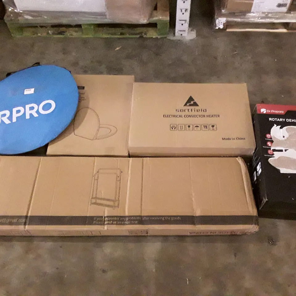 PALLET OF ASSORTED PRODUCTS INCLUDING ELECTRICAL CONVECTOR HEATER, ROTARY DEHUMIDIFIER, CLOTHES RAIL, TOILET SEAT, POP UP TENT