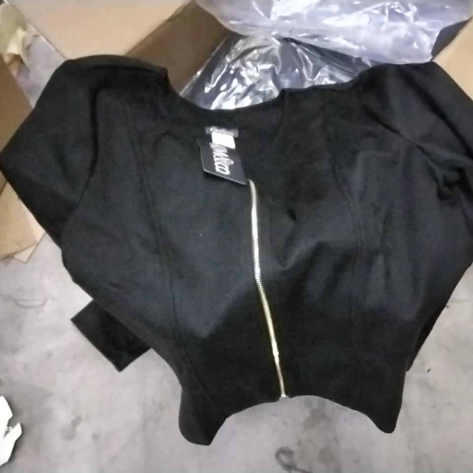 BOX OF APPROXIMATELY 30 ASSORTED BRAND NEW BAGGED BLACK KIM AND CO BLACK ZIP UP JACKETS VARIOUS SIZES