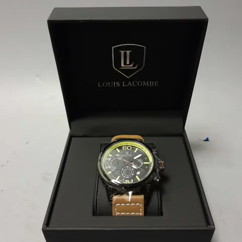 MENS LOUIS LACOMBE CHRONGRAPH WATCH β 3 SUB DIALS β BLACK CASE β LEATHER STRAP