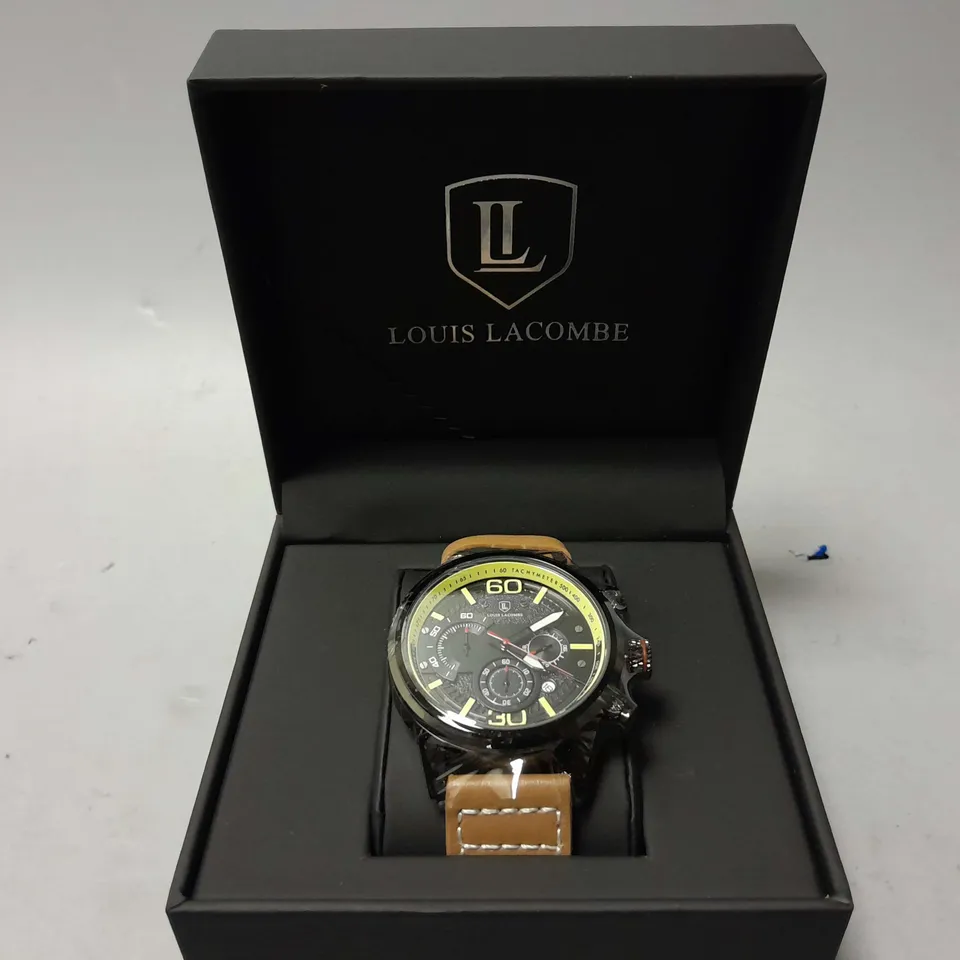 MENS LOUIS LACOMBE CHRONGRAPH WATCH – 3 SUB DIALS – BLACK CASE – LEATHER STRAP