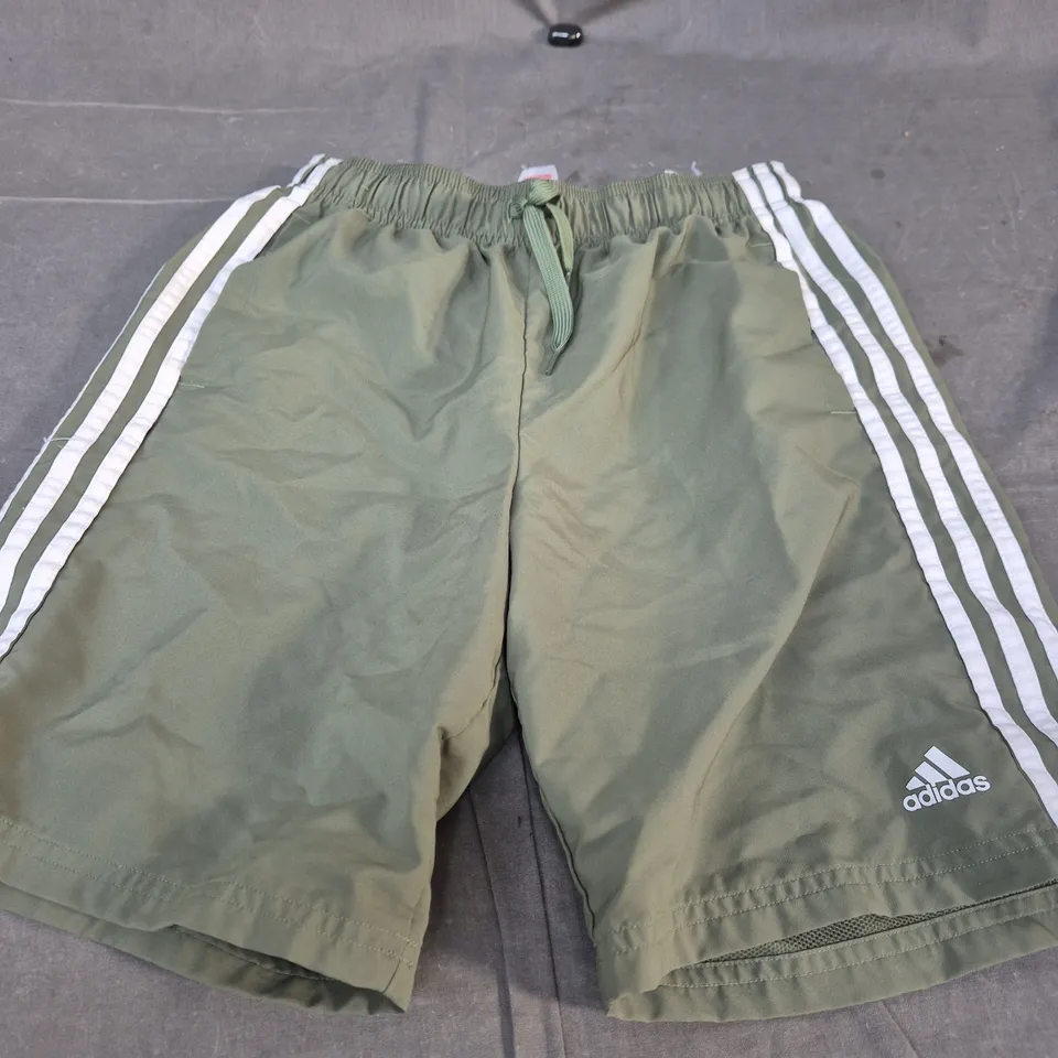 ADIDAS SHORTS – OLIVE GREEN WITH WHITE SIDE STRIPES SIZE 14 YRS