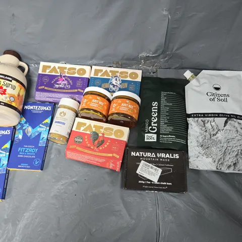 APPROXIMATELY 10 ASSORTED FOOD ITEMS TO INCLUDE FATSO CHOCOLATE, MANGO GREENS, AND NATURA URALIS CHALK ETC. 