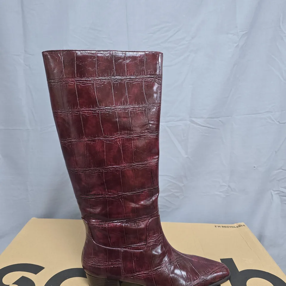 SCHUH BURGUNDY CROC-EFFECT KNEE-HIGH BOOTS, UK 6