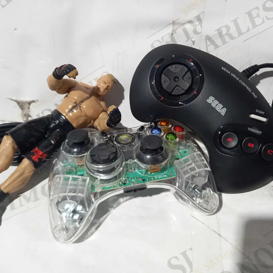LOT OF APPROXIMATELY 15 ASSORTED TOYS AND GAMES TO INCLUDE SEGA MEGA DRIVE CONTROL PAD, WIRED CONTROLLER FOR XBOX, WWE BROCK LESNAR FIGURE, ETC
