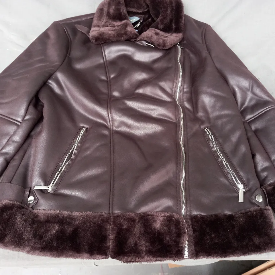 RUTH LANGSFORD LINED AVIATOR JACKET IN CHOCOLATE SIZE 18