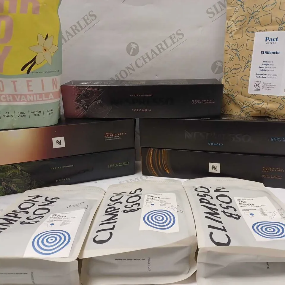 LOT OF APPROX 10 ASSORTED ITEMS TO INCLUDE GET SHREDDY FRENCH VANILLA PROTEIN, NESPRESSO MEXICO COFFEE, PACT COFFEE EL SILENCIO, ETC 