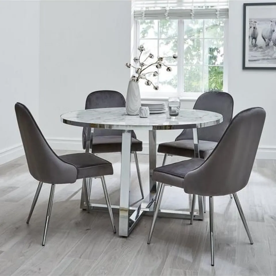 BOXED GRADE 1 IVY MARBLE EFFECT CIRCLE DINING TABLE WITH 4 CHAIRS (2 BOXES) RRP £799