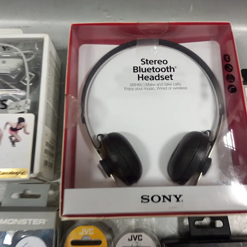 LOT OF 9 ASSORTED AUDIO ITEMS TO INCLUDE SONY HEADSET, JVC GUMMYS AND MONSTER SPORTS EARPHONES