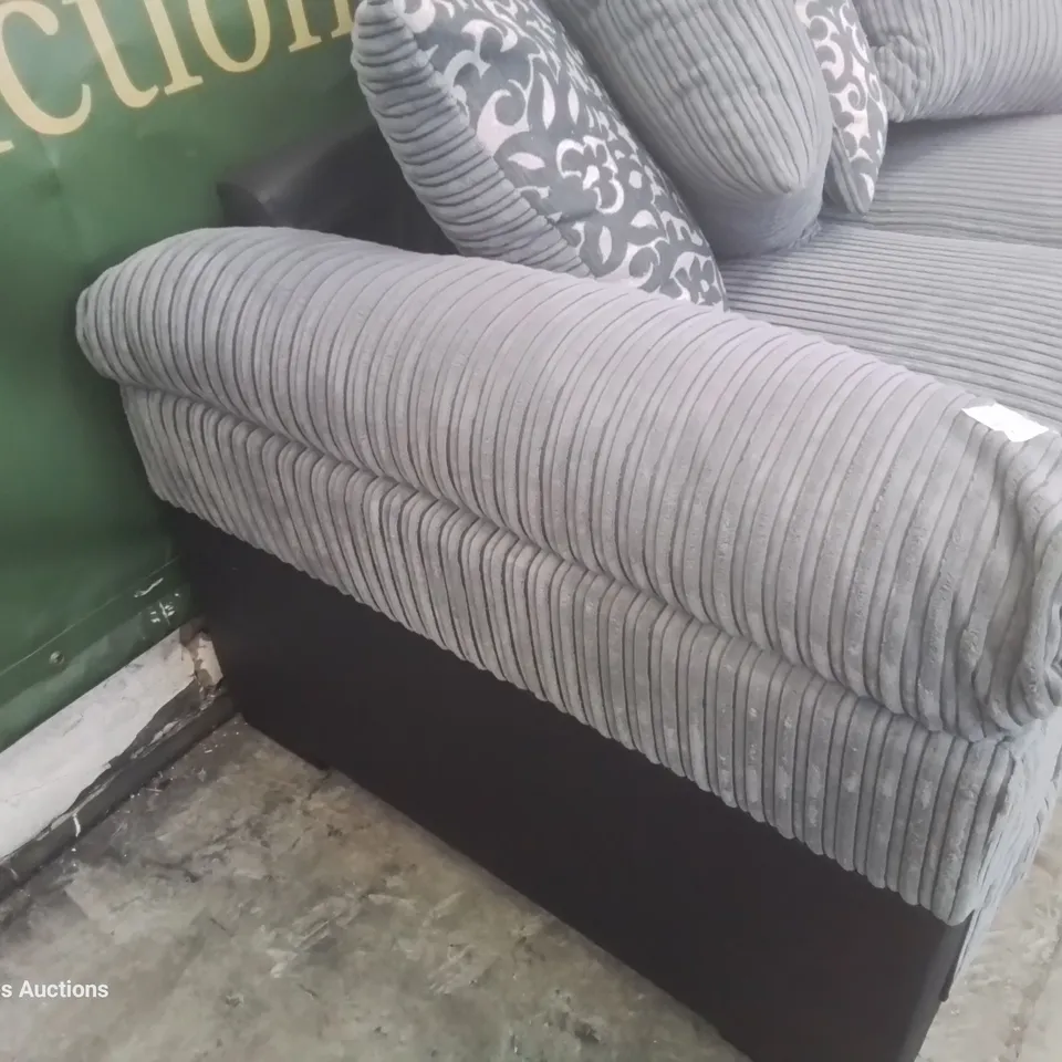 DESIGNER THREE SEATER SOFA WITH SCATTER CUSHIONS BLACK FAUX LEATHER & GREY JUMBO CHORD