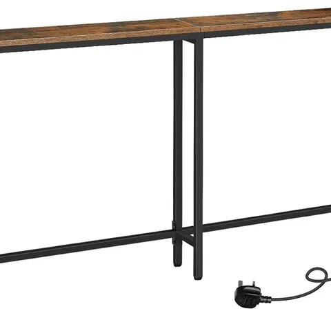 BOXED HOOBRO NARROW CONSOLE TABLE WITH CHARGING STATION, 200 CM BEHIND SOFA TABLE, LONG HALLWAY TABLE, SLIM CONSOLE TABLE FOR HALLWAY, BEDROOM, LIVING ROOM, RUSTIC BROWN AND BLACK (1 BOX)