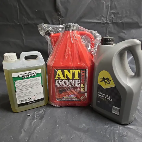 3 ASSORTED LARGE LIQUIDS TO INCLUDE AUTOXS CARNUBA WASH & WAX, ANTGONE, PATIO CLEANER, ETC - COLLECTION ONLY