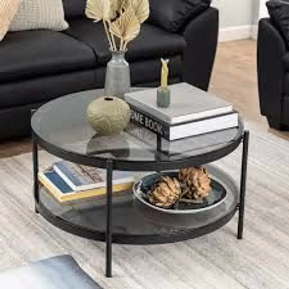 BOXED BAYONNE ROUND COFFEE TABLE IN BLACK WITH SMOKED GLASS