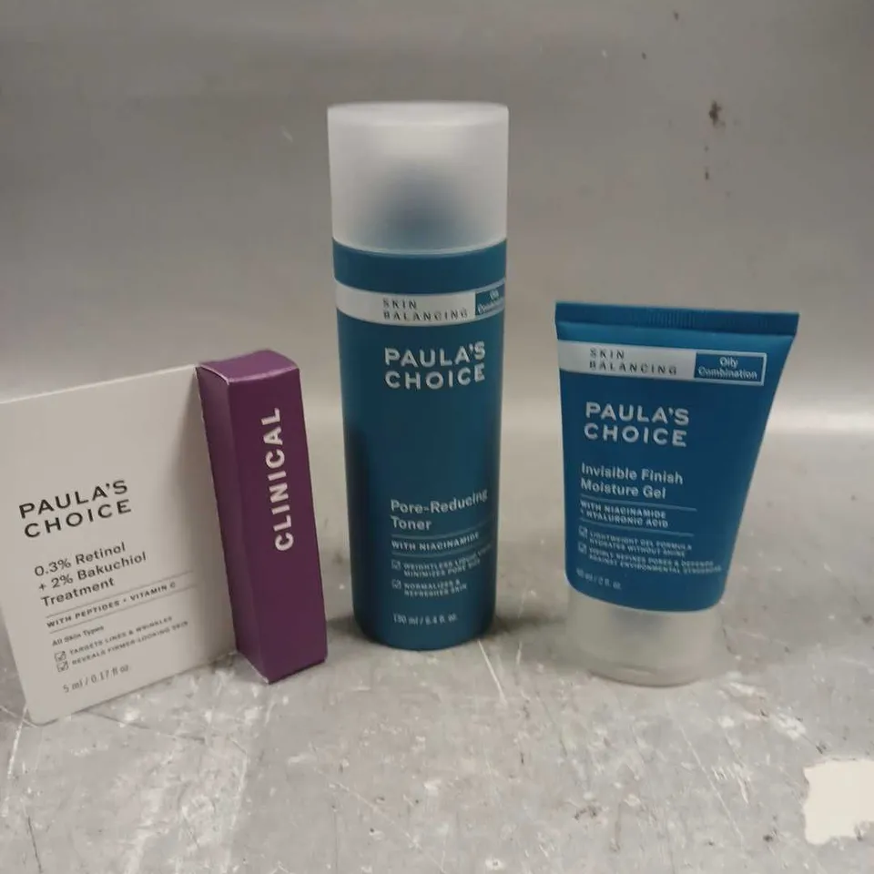 PAULA'S CHOICE LOT OF 3 ASSORTED SKINCARE PRODUCTS TO INCLUDE - PORE-REDUCING TONER - INVISIBLE FINISH MOISTURE GEL - 0.3% RETINOL + 2% BAKUCHIOL TREATMENT