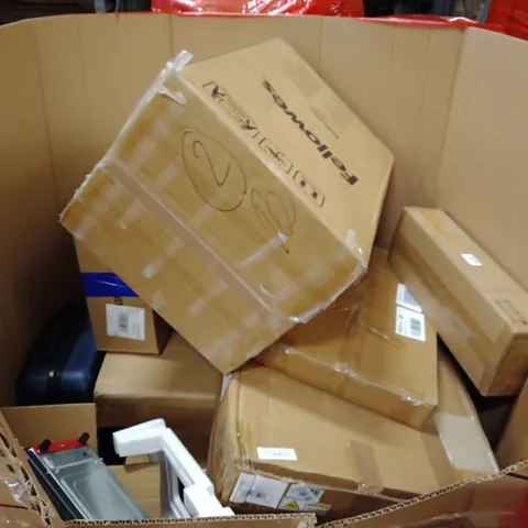 PALLET OF ASSORTED HOUSEHOLD GOODS AND PRODUCTS TO INCLUDE; SUITCASE, MICROWAVE, CEILING FAN WITH LIGHT