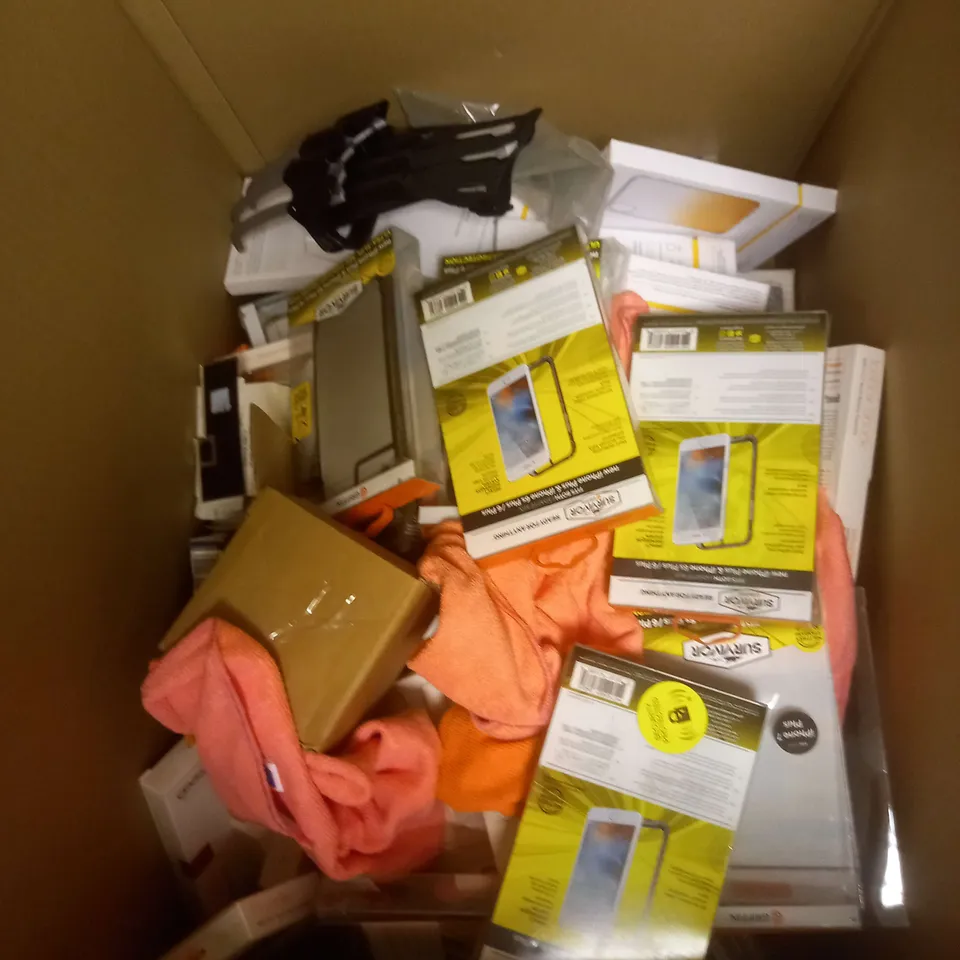 LARGE BOX OF APPROX 50 ASSORTED HOUSEHOLD ITEMS TO INCLUDE NINTENDO WIIFIT, LOGITECH KEYBOARD CASE, PHONE CASES ETC