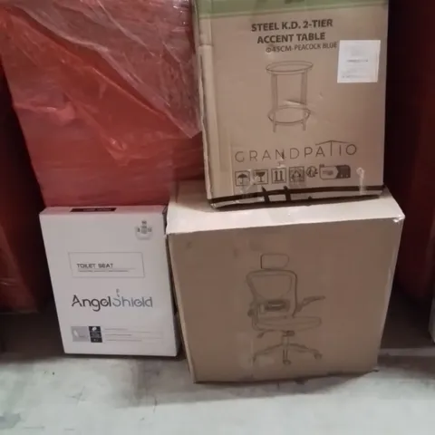 PALLET OF ASSORTED HOUSEHOLD GOODS AND PRODUCTS TO INCLUDE;TOILET SEAT,OFFICE CHAIR,ACCENT TABLE