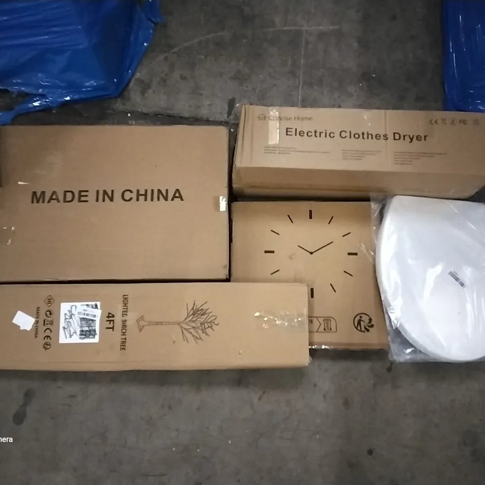 PALLET OF ASSORTED ITEMS INCLUDING CONCISE HOME ELECTRIC CLOTHES DRYER, TOILET SEAT, WALL CLOCK, LIGHTED BIRCH TREE, HOMIDEC