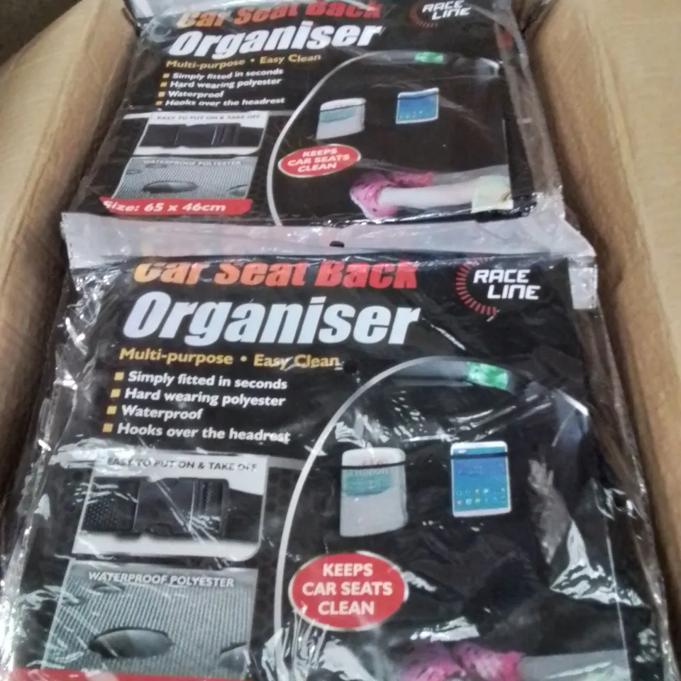 BOX CONTAINING LARGE AMOUNT OF BRAND NEW CAR BACK SEAT ORGANISERS 