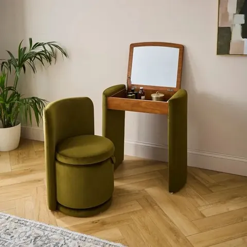 BOXED FRANKIE VELVET COMPACT DRESSING TABLE SET WITH MIRROR AND STOOL OLIVE VELVET (1 box)