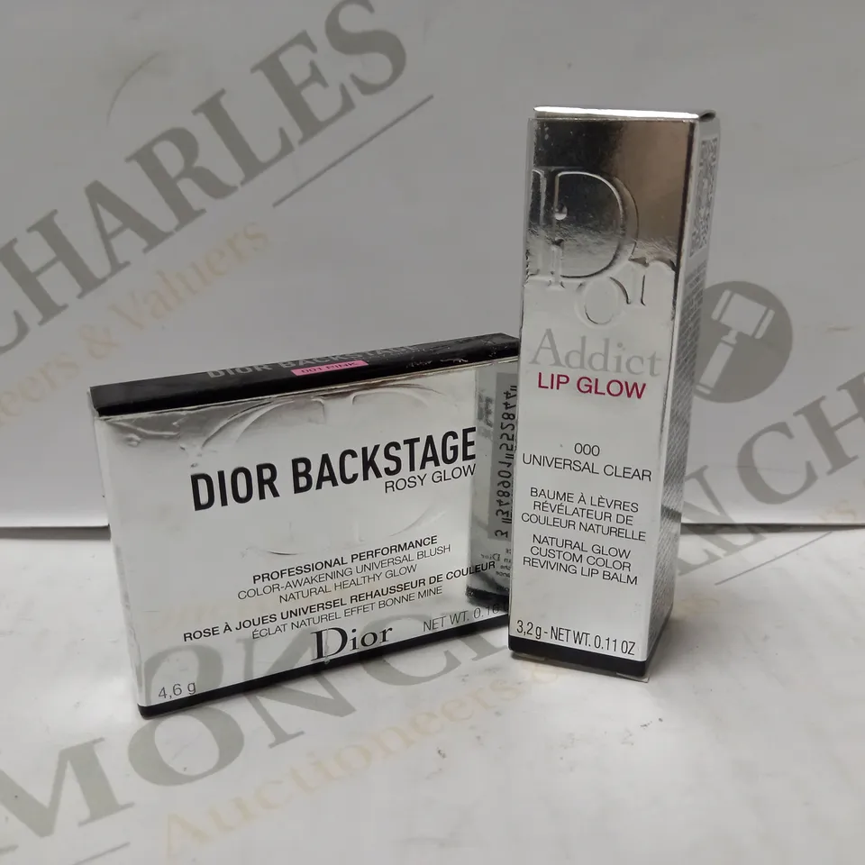 LOT OF 2 DIOR MAKEUP PRODUCTS TO INCLUDE BACKSTAGE ROSY GLOW BLUSH - 001 PINK & ADDICT LIP GLOW - 000 UNIVERSAL CLEAR 