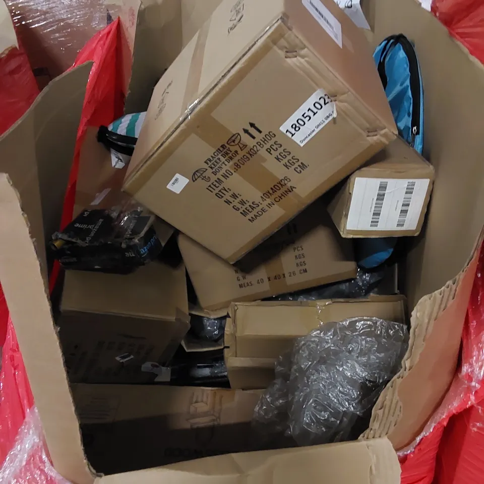 PALLET TO CONTAIN ASSORTED HOUSEHOLD ITEMS AND CONSUMER PRODUCTS. INCLUDING PROTECTIVE BIKER GEAR, DART SET, DOG BED, DRESSING TABLE ETC