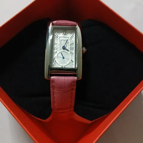 STOCKWELL RECTANGULAR DRESS WATCH WITH PINK LEATHER STRAP IN RED PRESENTATION BOX