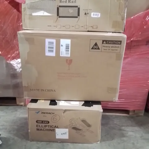 PALLET OF ASSORTED HOUSEHOLD GOODS AND PRODUCTS TO INCLUDE; ELLIPTICAL MACHINE,LED CONTROL DEVICE,RED RAIL