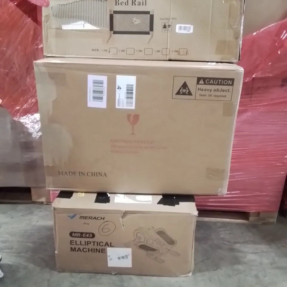 PALLET OF ASSORTED HOUSEHOLD GOODS AND PRODUCTS TO INCLUDE; ELLIPTICAL MACHINE,LED CONTROL DEVICE,RED RAIL