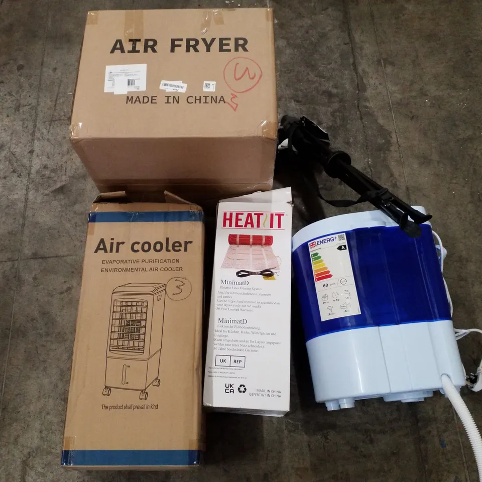 PALLET OF ASSORTED PRODUCTS INCLUDING AIR FRYER, AIR COOLER, ELECTRIC FLOOR HEATING SYSTEM, CAMPING STOOL, VACUUM CLEANER  