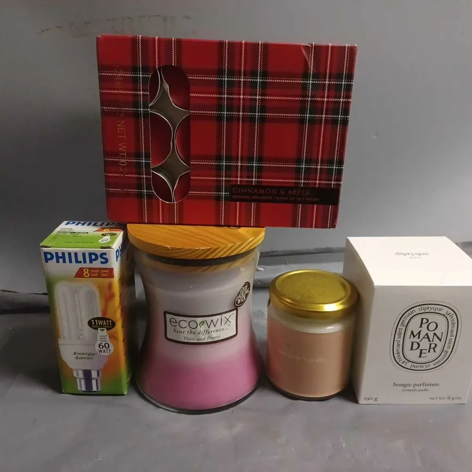 APPROXIMATELY 10 ASSORTED ITEMS TO INCLUDE - TEA LIGHTS , PHILIPS BULB , ECO WIX CANDLE ETC