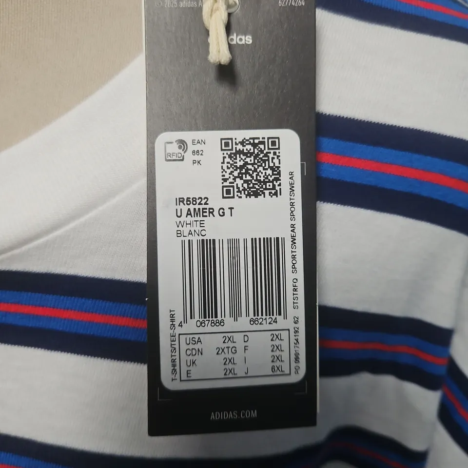 ADIDAS AMER STRIPED T-SHIRT IN WHITE/BLUE/RED - UK 2XL