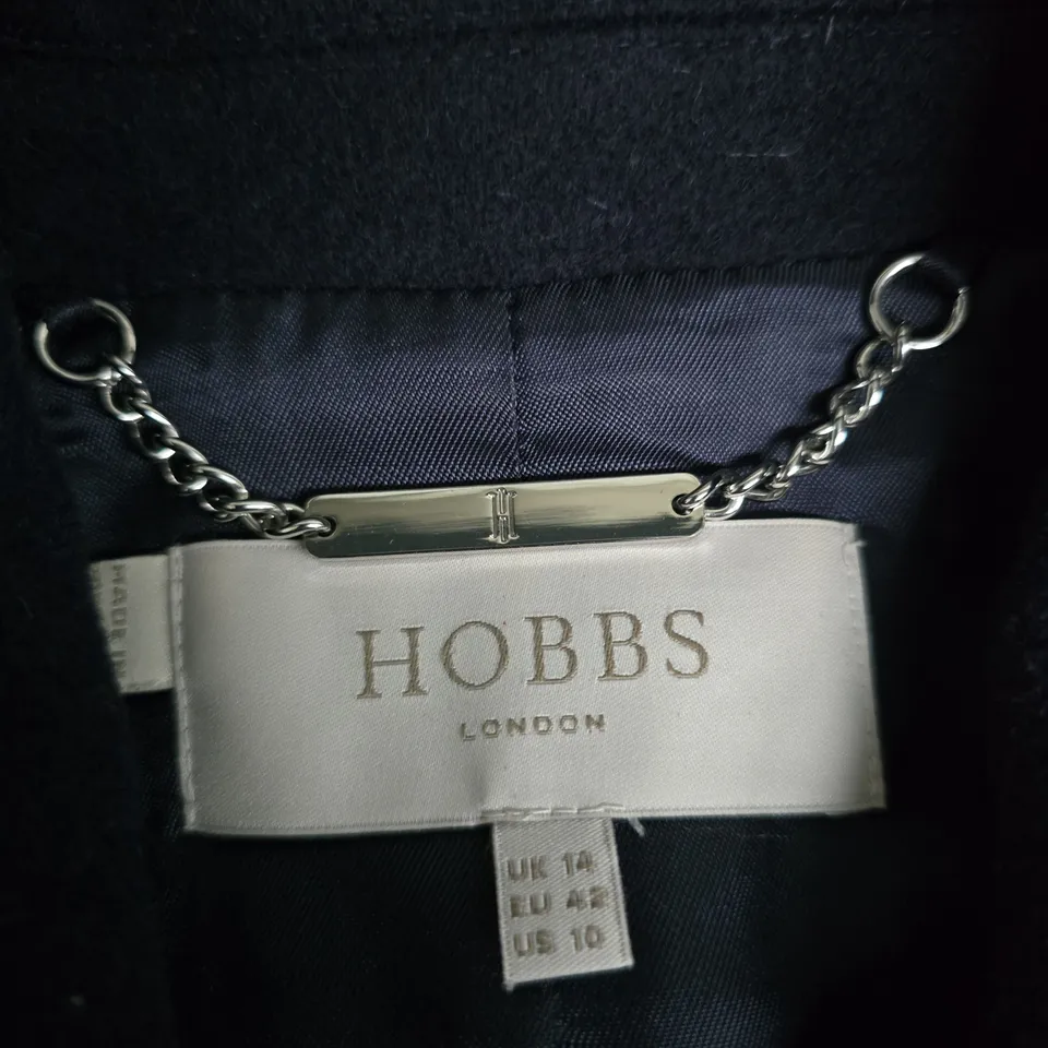 HOBBS LONDON NAVY WOOL COAT WITH CAMEL TRIM, UK 14