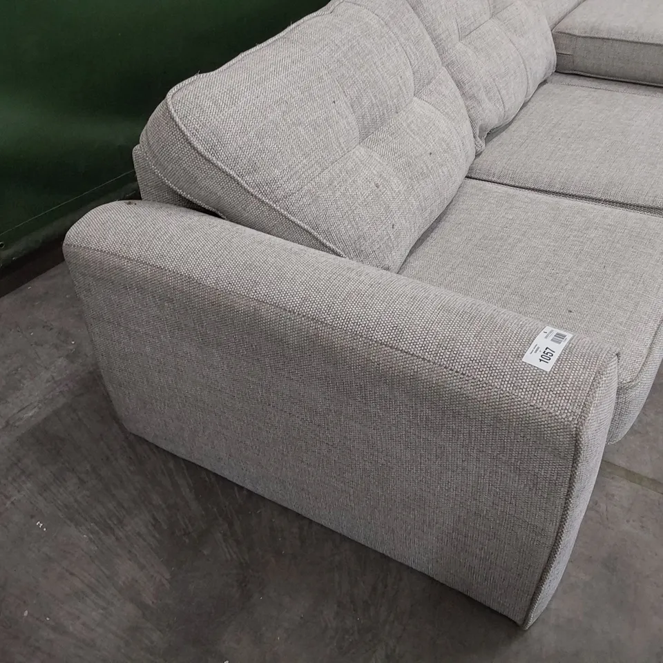 TWO DESIGNER THREE SEATER SECTIONS MAKING A LARGE SIX SEATER SOFA NATURAL FABRIC (PLUS SPARE SEAT CUSHION)