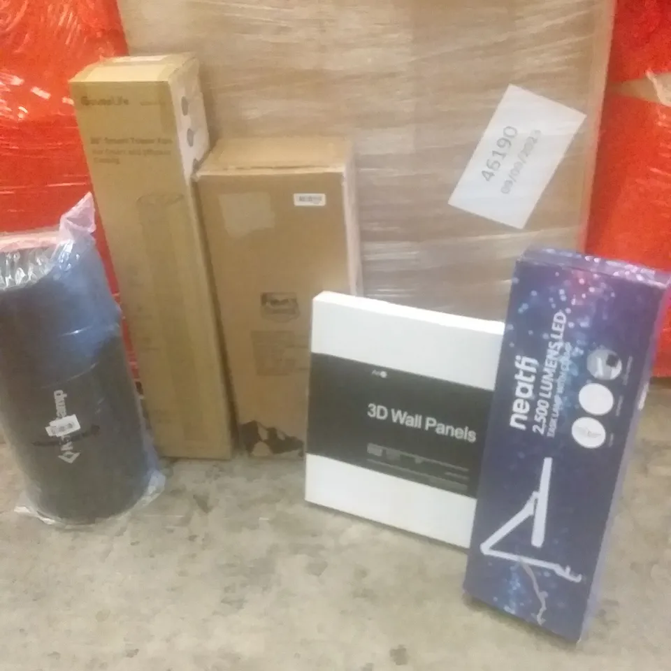 PALLET OF ASSORTED ITEMS INCLUDING SMART TOWER FAN, CAMPING WAGON, 3D WALL PANELS, LED TASK LAMP WITH CLAMP